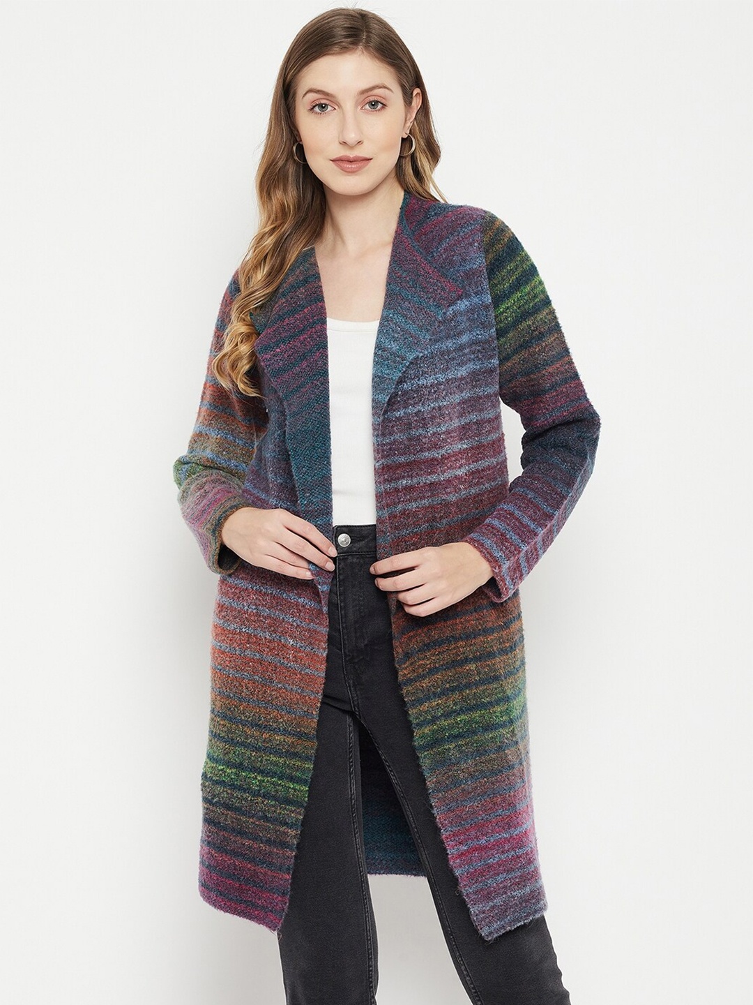 

Madame Women Maroon & Turquoise Blue Striped Acrylic Longline Sweater with Fuzzy Detail