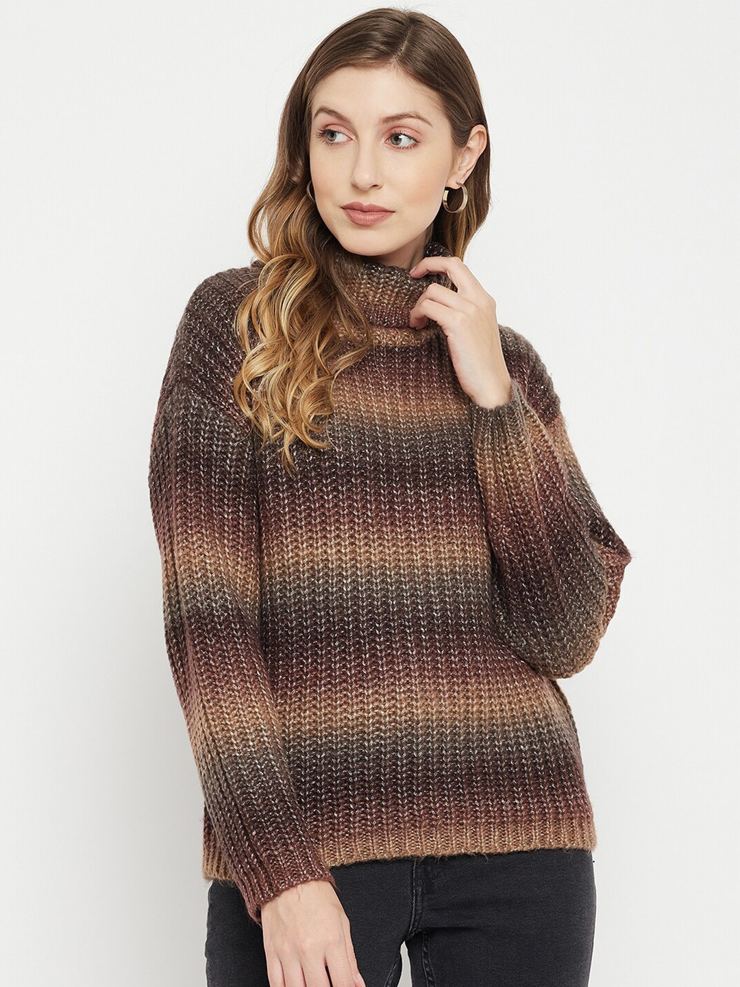 

Madame Women Brown & Yellow Striped Acrylic Pullover