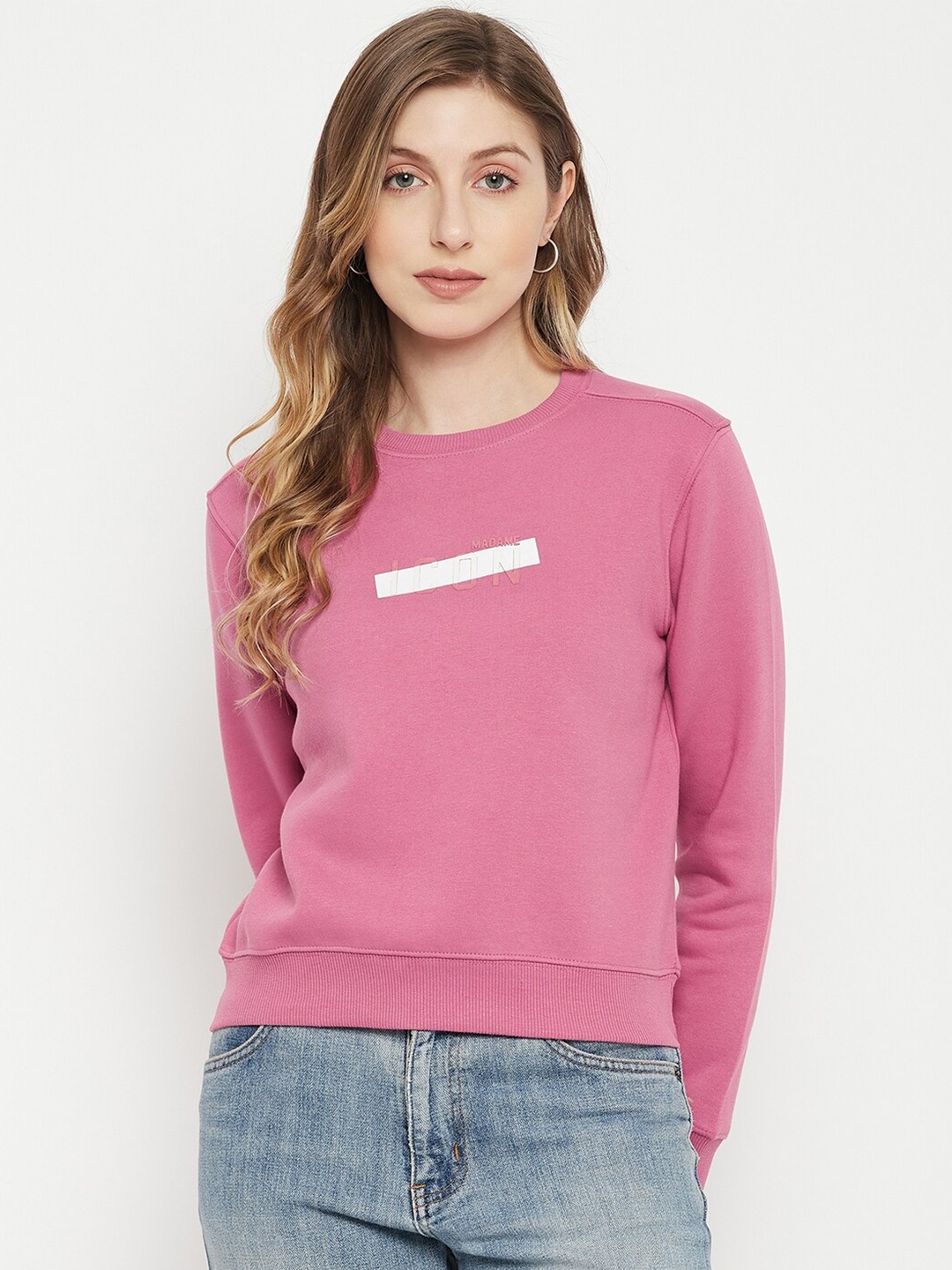 

Madame Women Pink Solid Cotton Sweatshirt