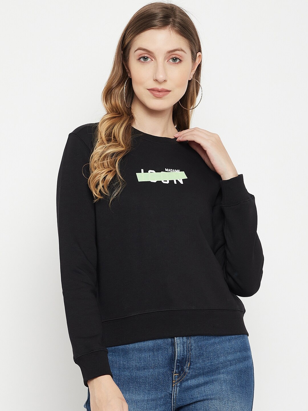 

Madame Women Black Solid Cotton Sweatshirt