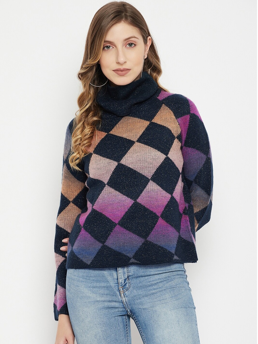 

Madame Women Navy Blue & Purple Checked Acrylic Pullover with Embellished Detail