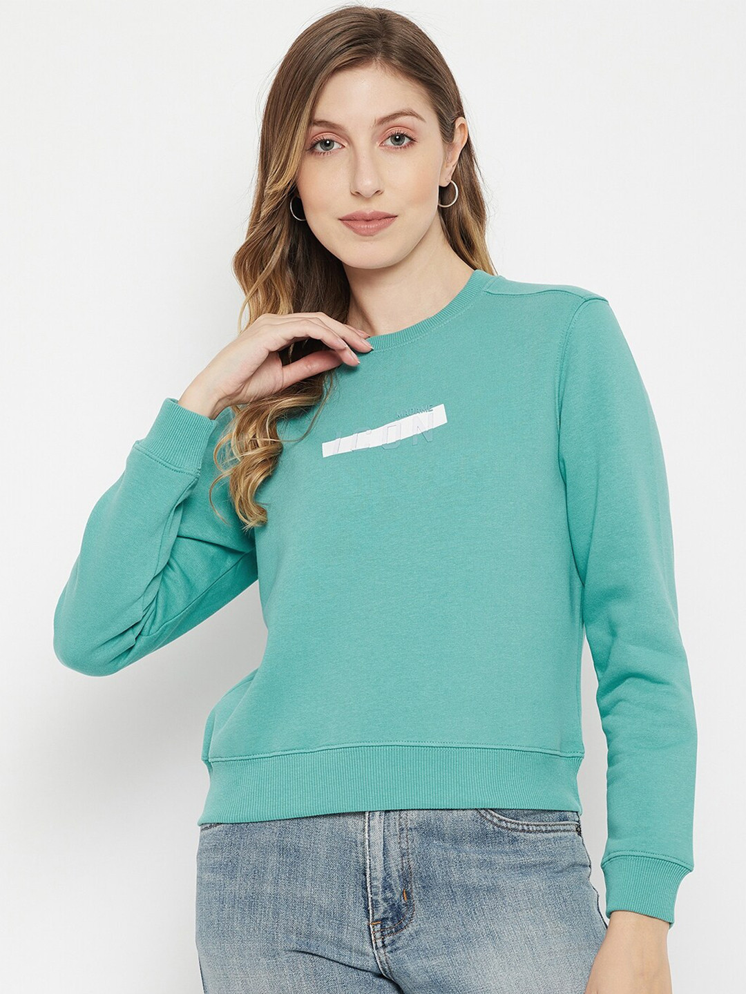 

Madame Women Green Solid Cotton Sweatshirt