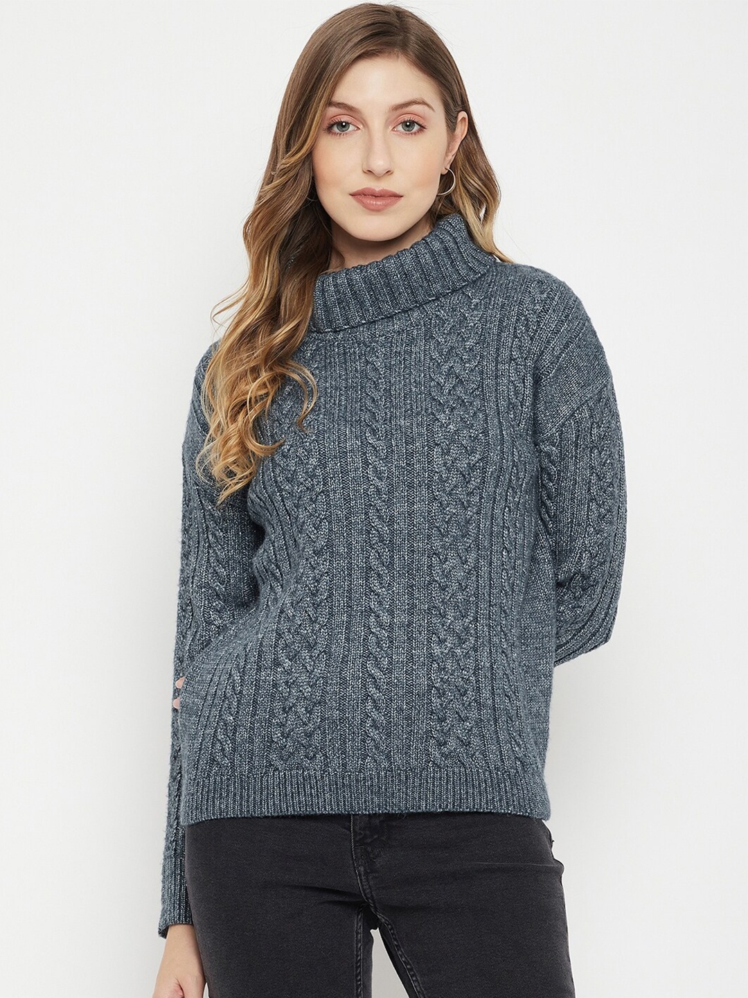 

Madame Women Grey Acrylic Cable Knit Pullover