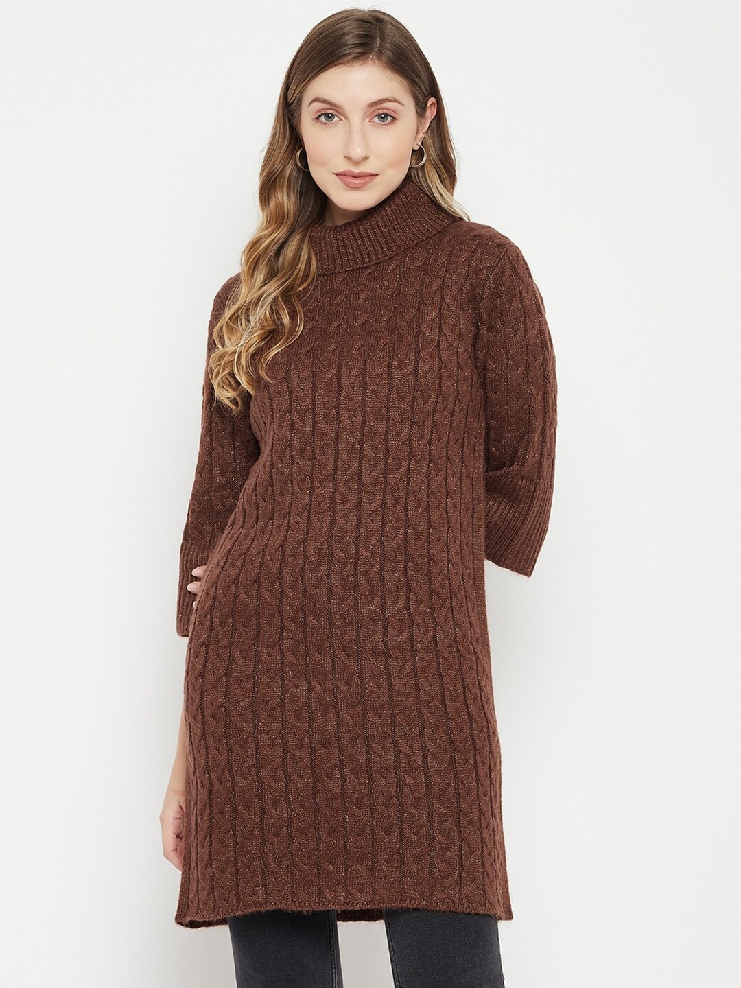 

Madame Women Brown Acrylic Cable Knit Longline Pullover