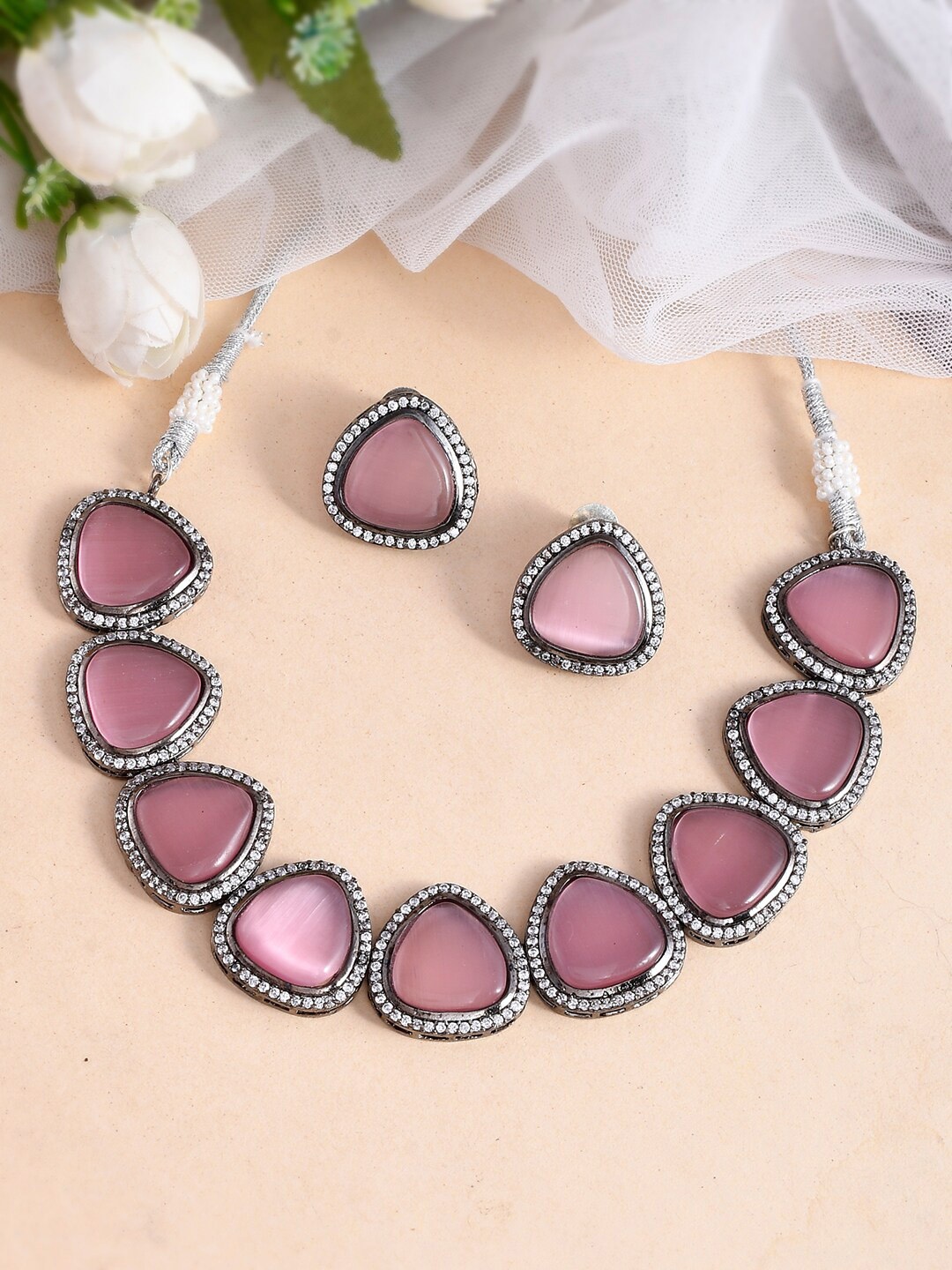 

Silvermerc Designs Women Silver-Plated Pink AD-Studded Jewellery Set