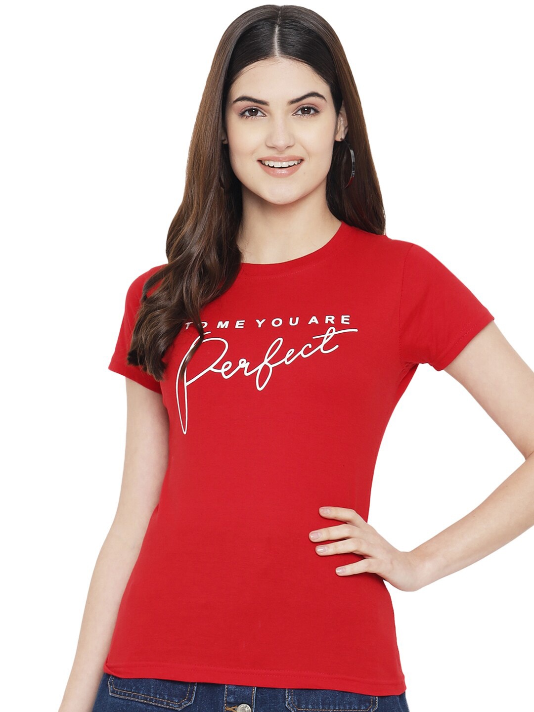 

Fabflee Women Red Typography Printed Cotton T-shirt