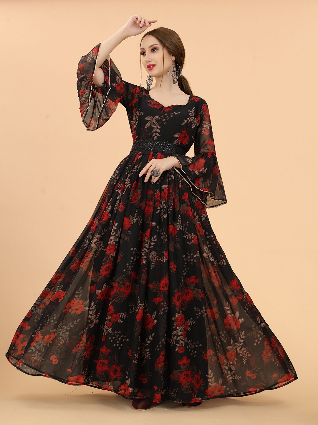 

ASPORA Women Black & Red Floral Fit And Flare Maxi Dress