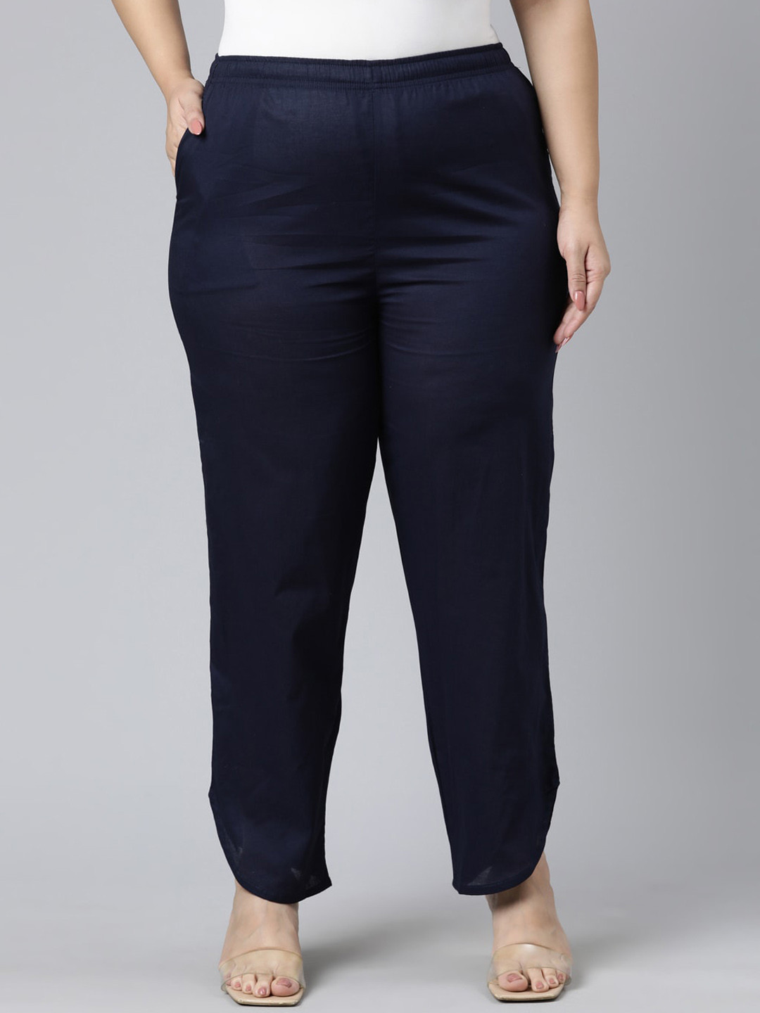 

Go Colors Women Plus Size Navy Blue Cotton Trousers