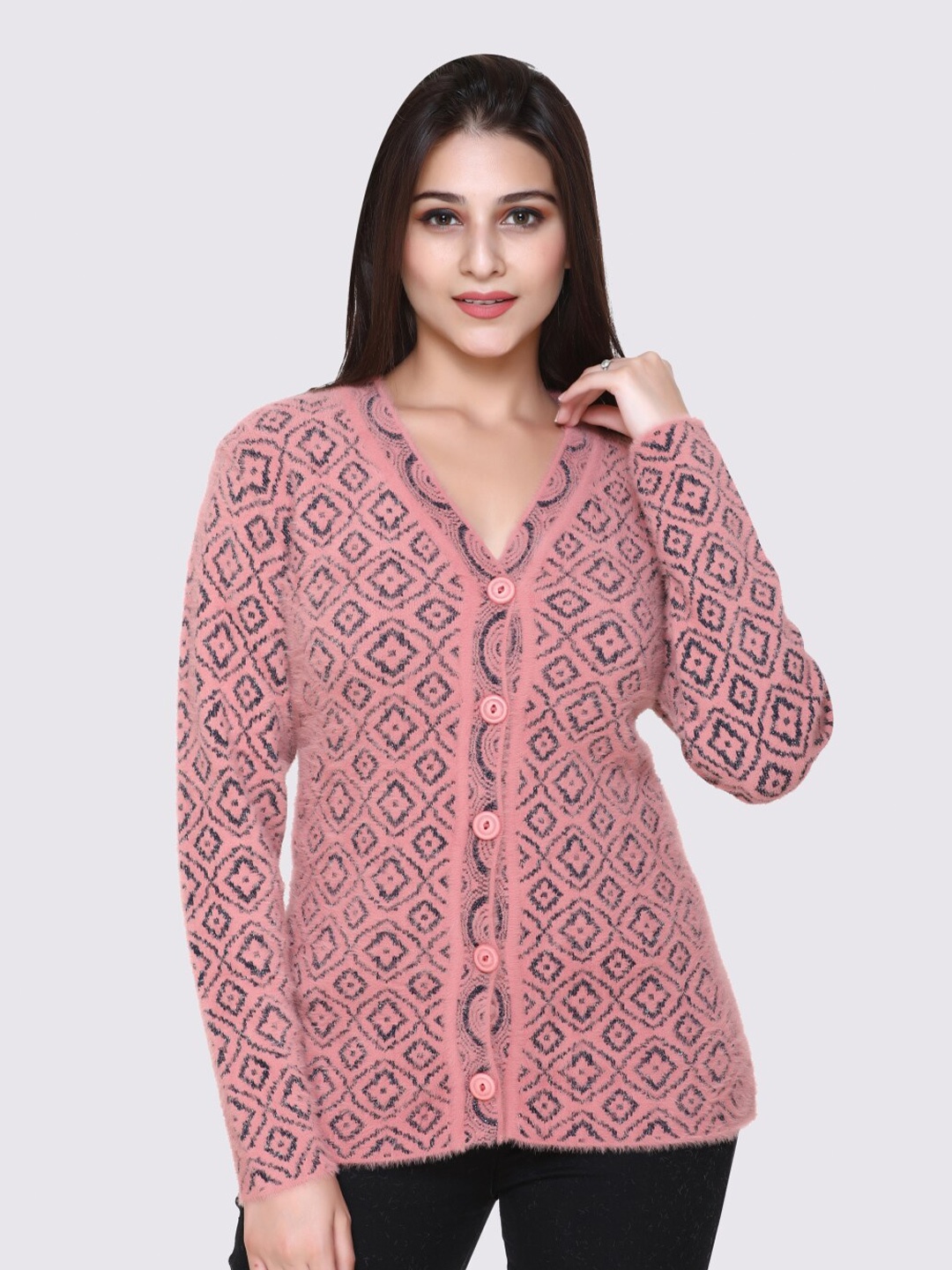 

GODFREY Women Pink & Grey Printed Cardigan