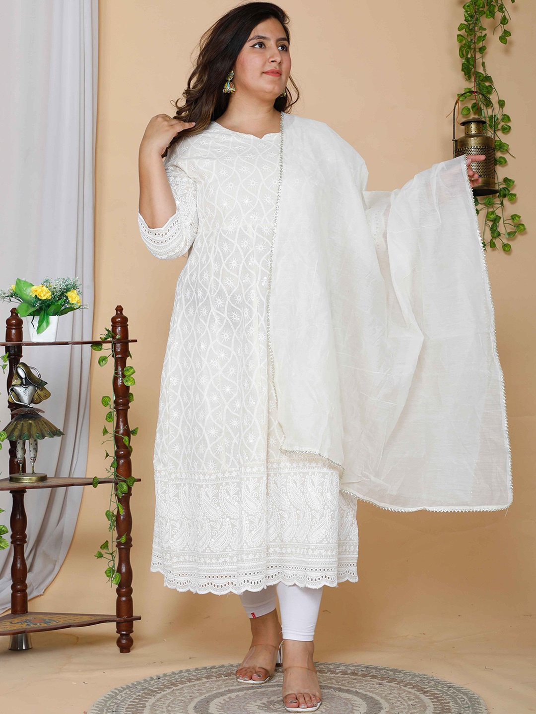 

MIRAVAN Plus Size Chikankari Embroidery Thread Work Cotton Anarkali Kurta With Dupatta, White