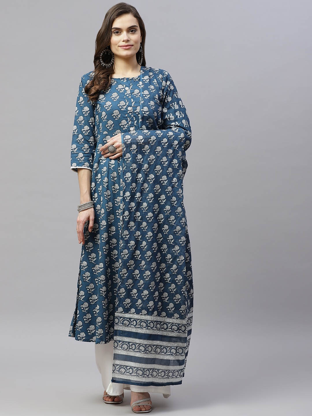 

MIRAVAN Printed Anarkali Pure Cotton Kurta With Dupatta, Blue