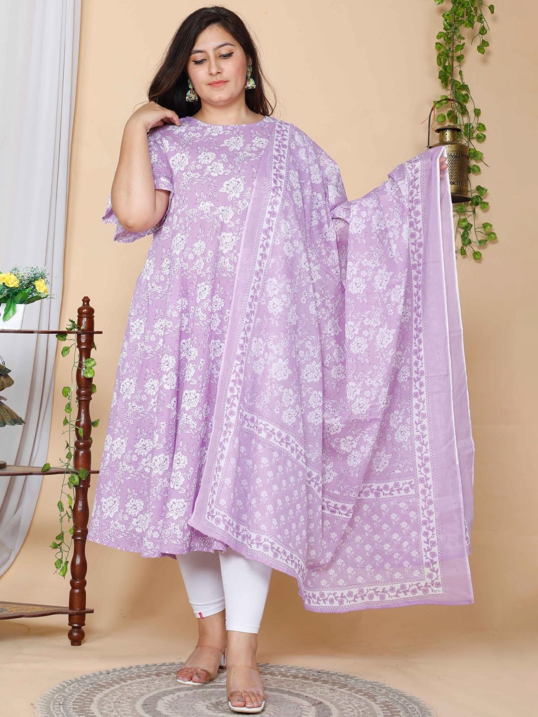 

MIRAVAN Floral Printed Flared Sleeves Anarkali Cotton Kurta With Dupatta, Lavender