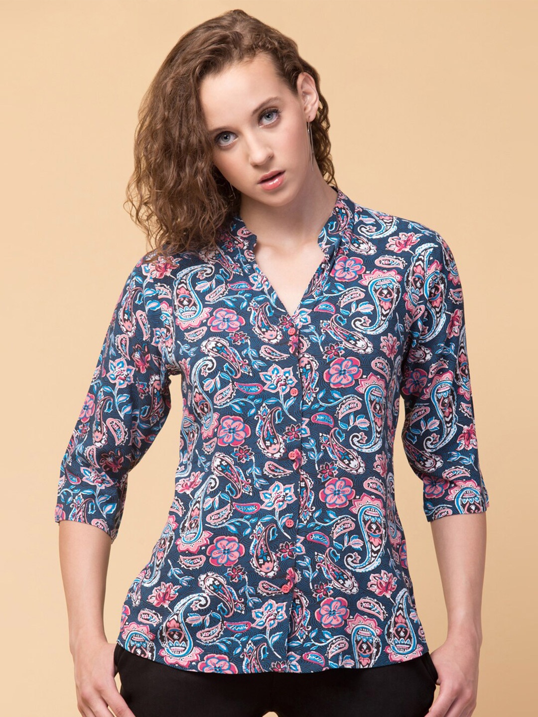 

Hive91 Floral Print Mandarin Collar Shirt Style Top, Blue