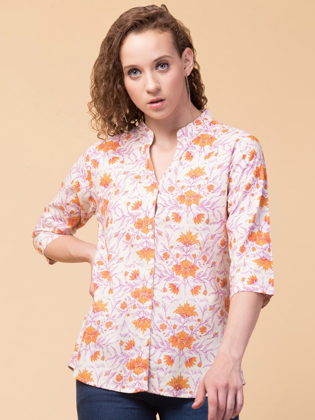 

Hive91 Floral Print Mandarin Collar Shirt Style Top, Pink