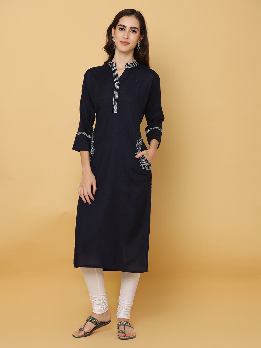 

NAYRA Women Floral Embroidered Bell Sleeves Kurta, Navy blue