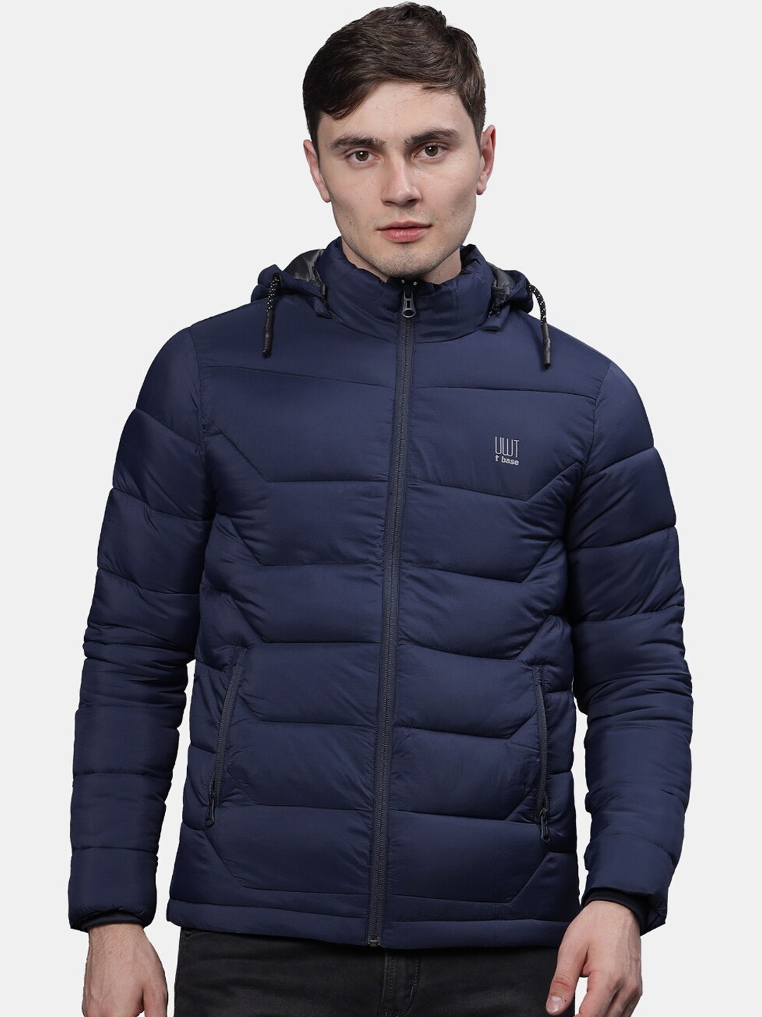 

t-base Men Navy Blue Solid Windcheater Hooded Padded Jacket