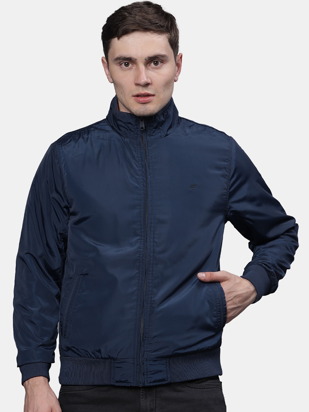 

t-base Men Navy Blue Solid Windcheater Bomber Jacket