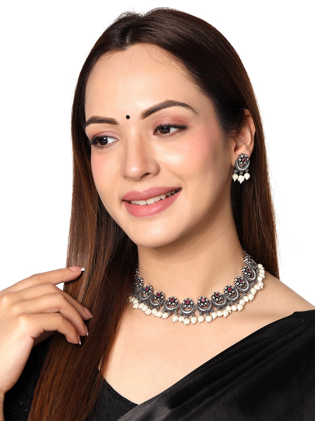 

Yellow Chimes Women Silver-Plated Pink Stone-Studded & Pearl Jewellery Set