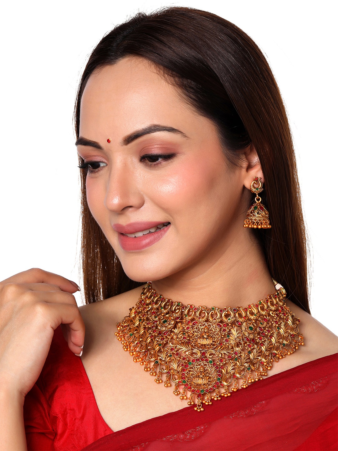 

Yellow Chimes Gold-Plated & Pink Artificial Stones Studded & Beaded Temple Jewellery Set