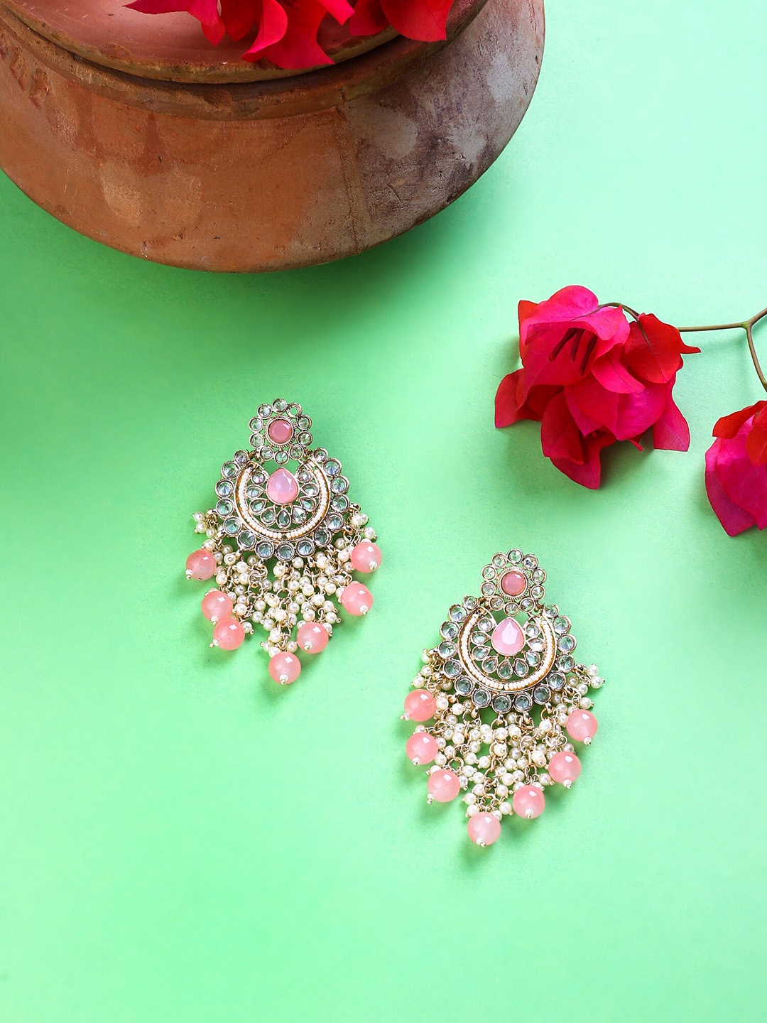 

Yellow Chimes Women Pink Pearl studded Gold Plated Chandbalis Earrings