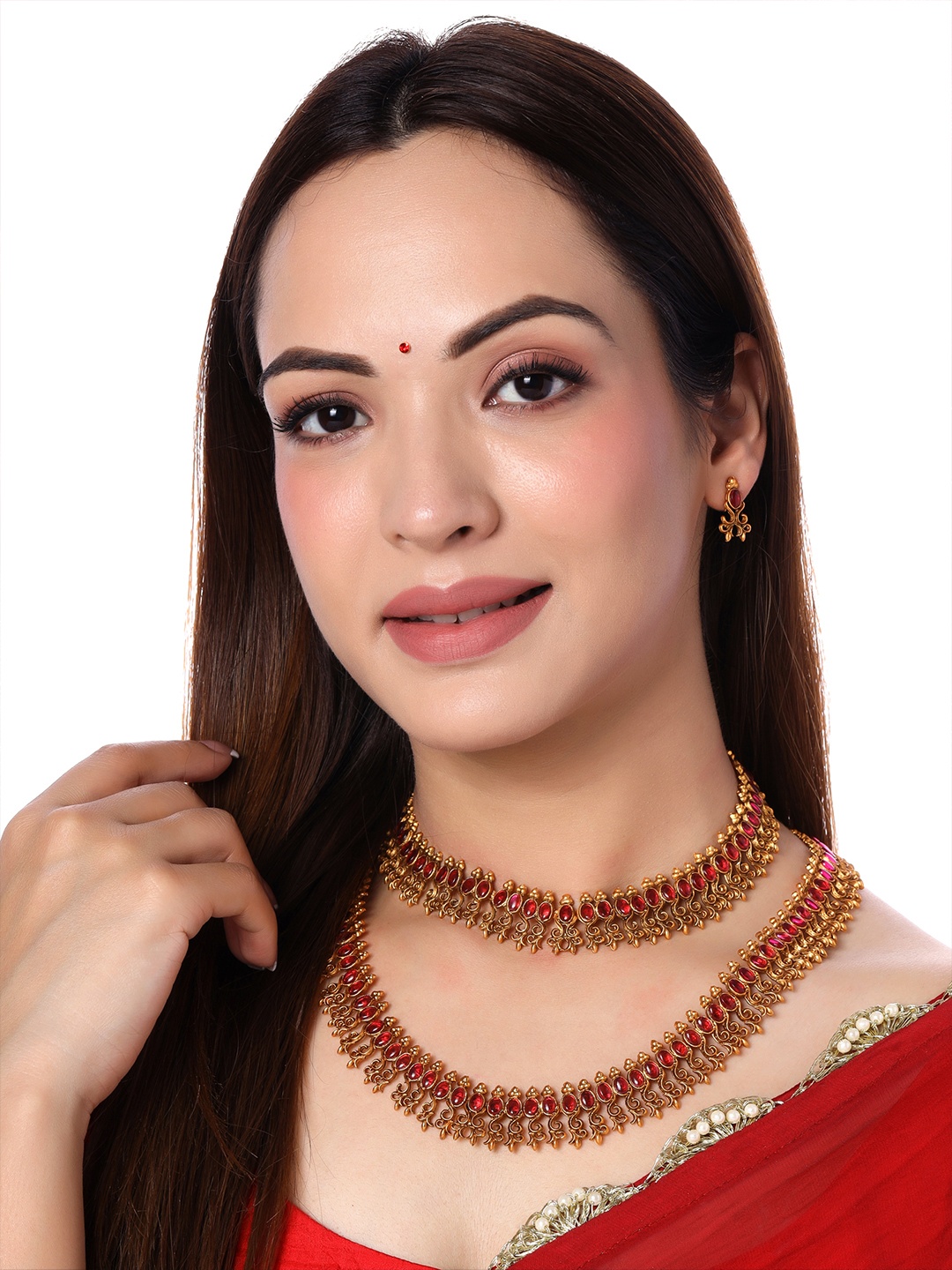 

Yellow Chimes Gold-Plated Pink Stone Studded Dual Necklace Jewellery Set