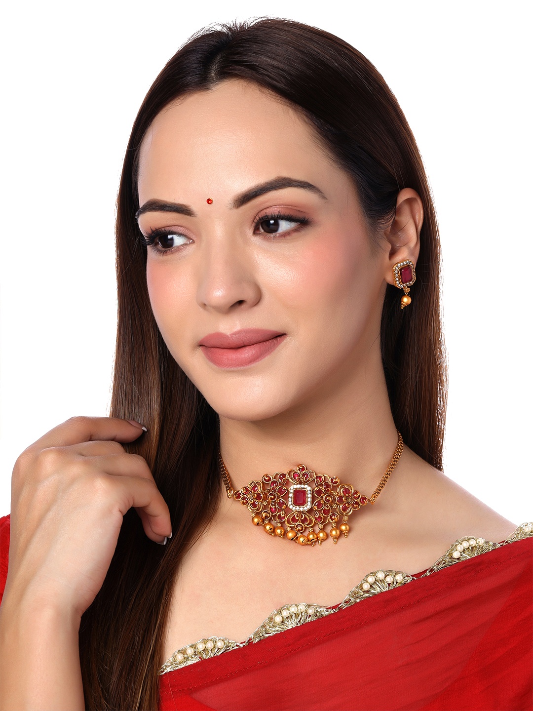 

Yellow Chimes Women Pink & White Gold-Plated Stone-Studded Choker Jewellery Set
