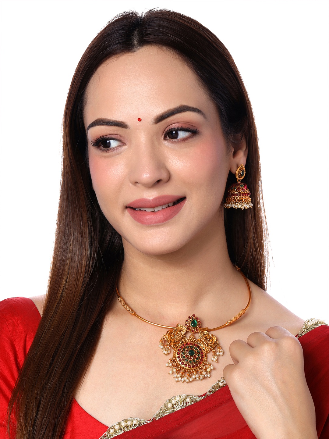 

Yellow Chimes Women Pink & Green Gold-Plated Stone-Studded & Pearl Beaded Jewellery Set