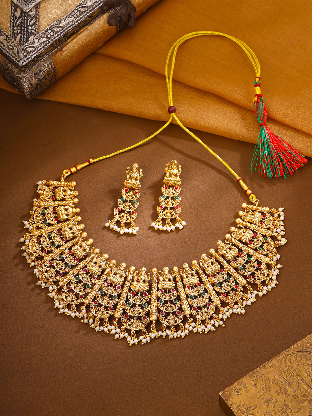 Yellow Chimes Women Red & Green Gold-Plated Stone-Studded & Beaded Temple Jewellery Set