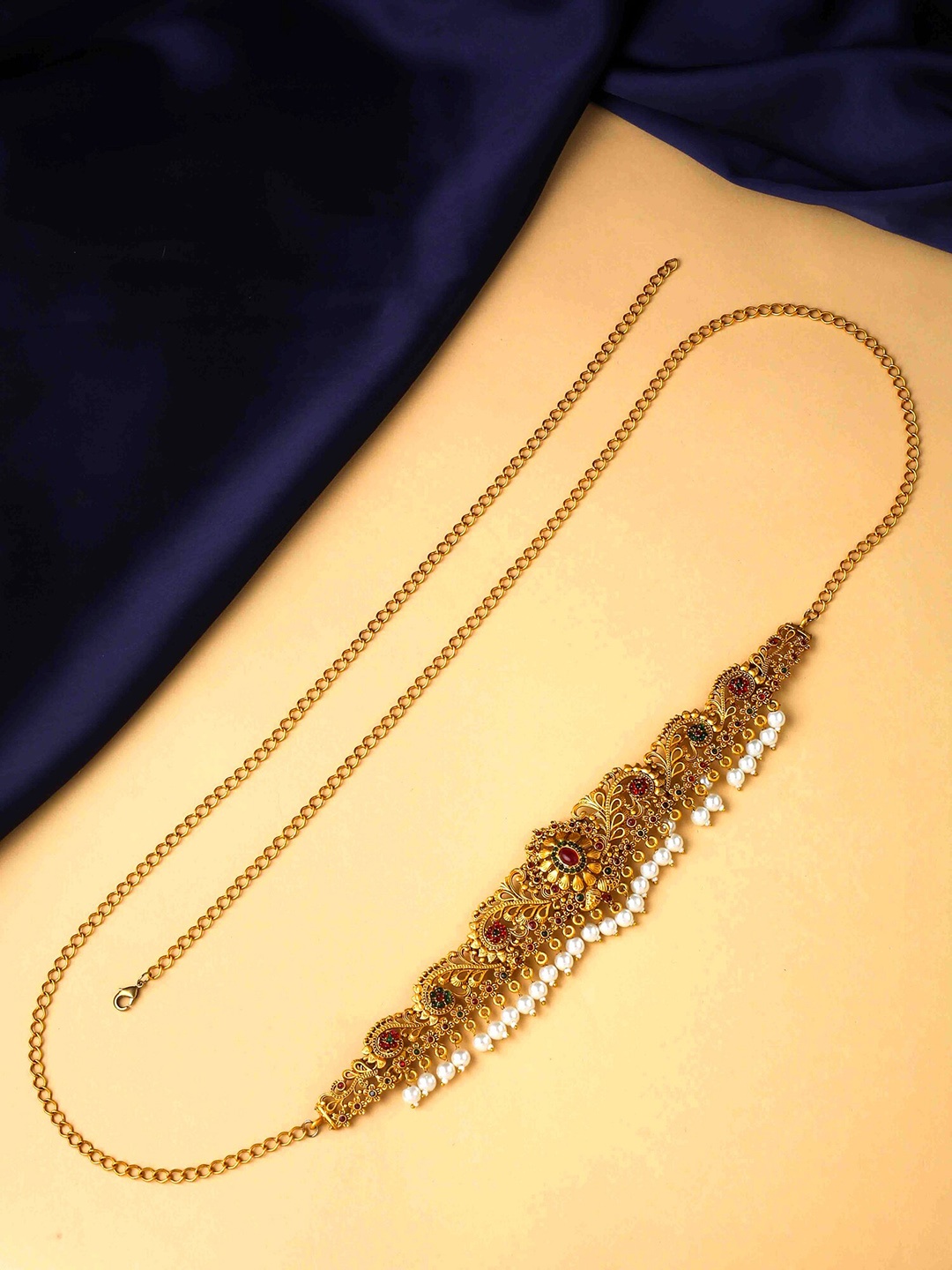 

Yellow Chimes Gold-Plated White & Green Stone-Studded & Beaded Waist Chain