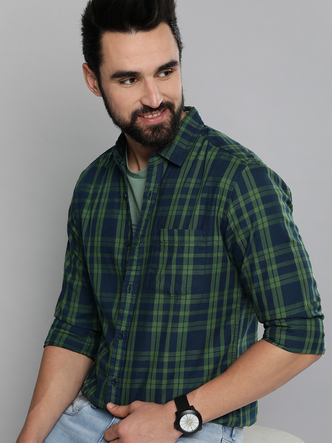 

HERE&NOW Men Green & Navy Blue Pure Cotton Slim Fit Tartan Checked Casual Shirt