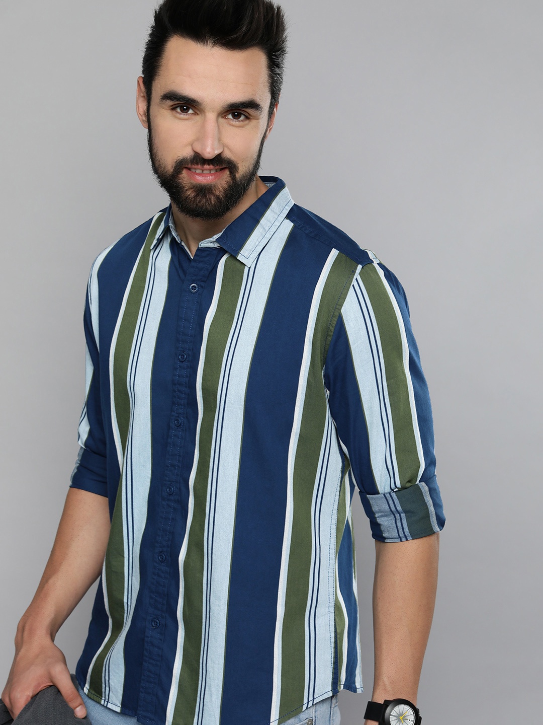 

HERE&NOW Men Navy Blue Pure Cotton Slim Fit Multi Stripes Striped Casual Shirt