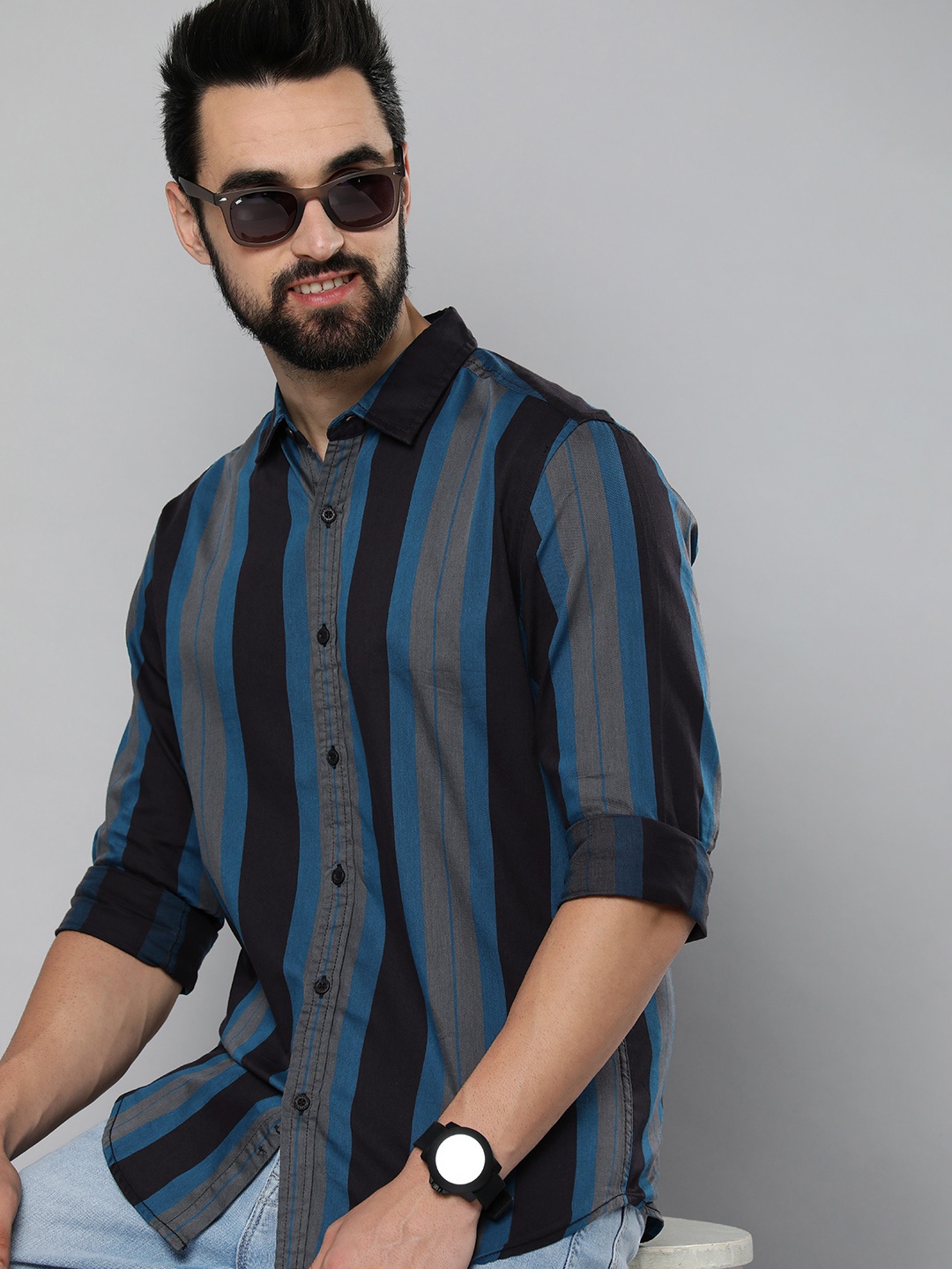 

HERE&NOW Men Blue Pure Cotton Slim Fit Multi Stripes Striped Casual Shirt