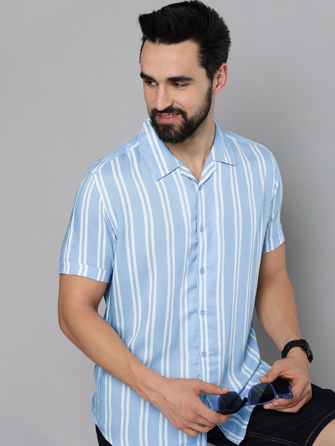 

HERE&NOW Men Blue Pure Cotton Slim Fit Striped Casual Shirt