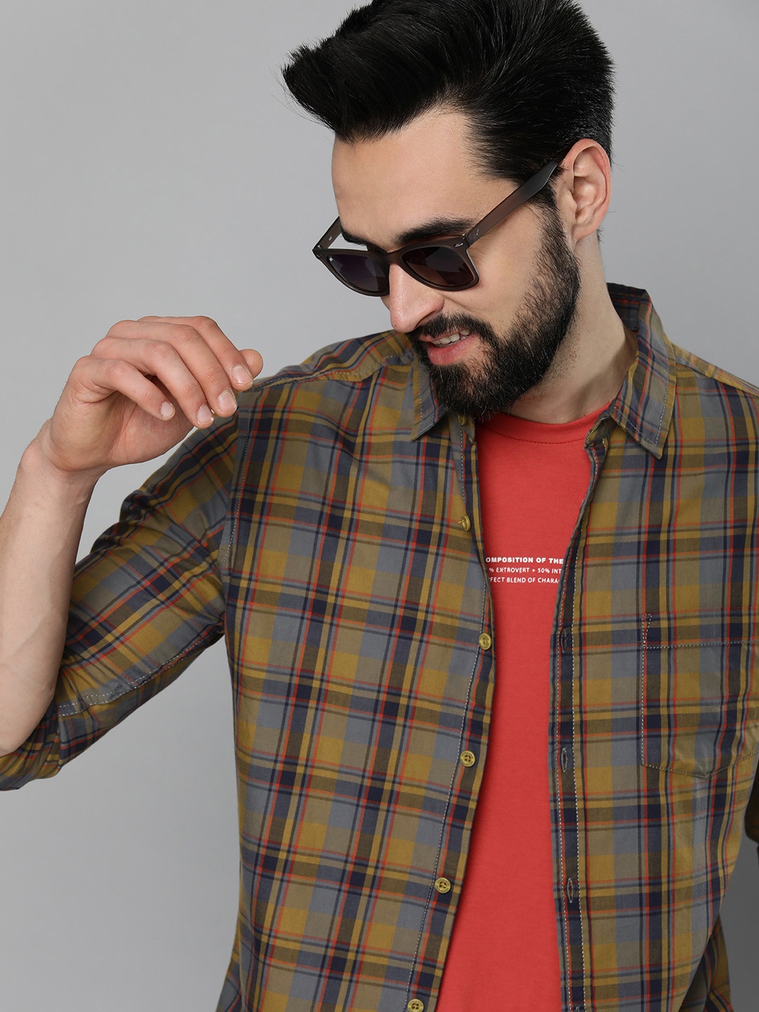 

HERE&NOW Men Brown & Blue Pure Cotton Slim Fit Tartan Checked Casual Shirt