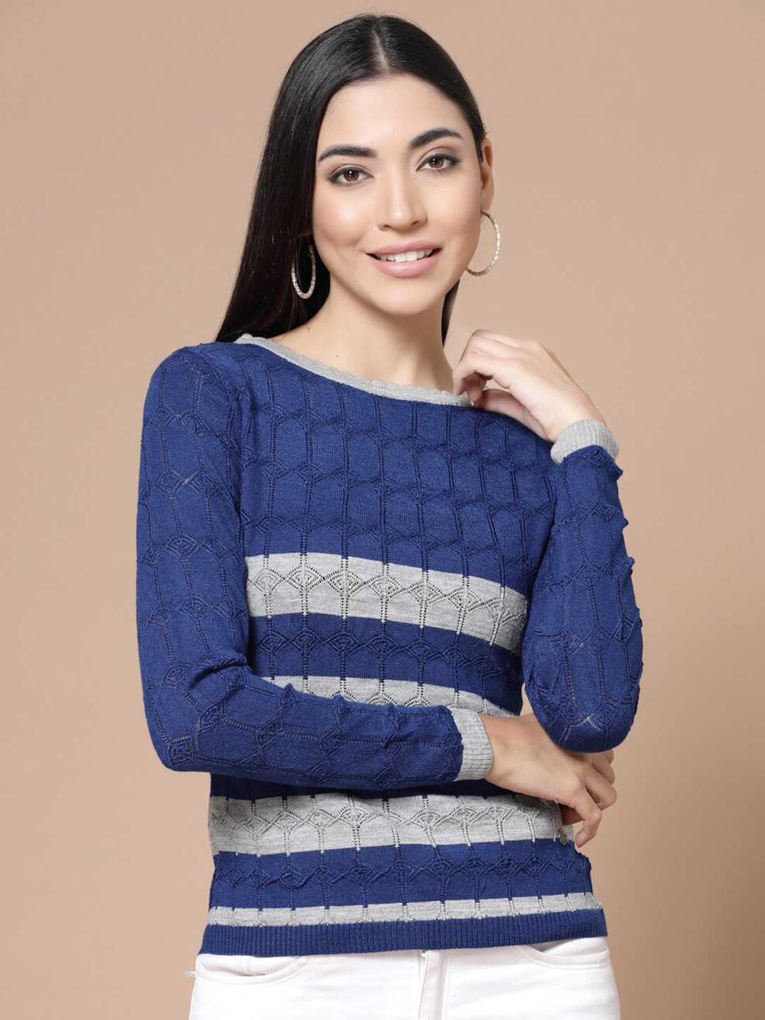 

Wool Trees Women Blue & Grey Striped Pullover