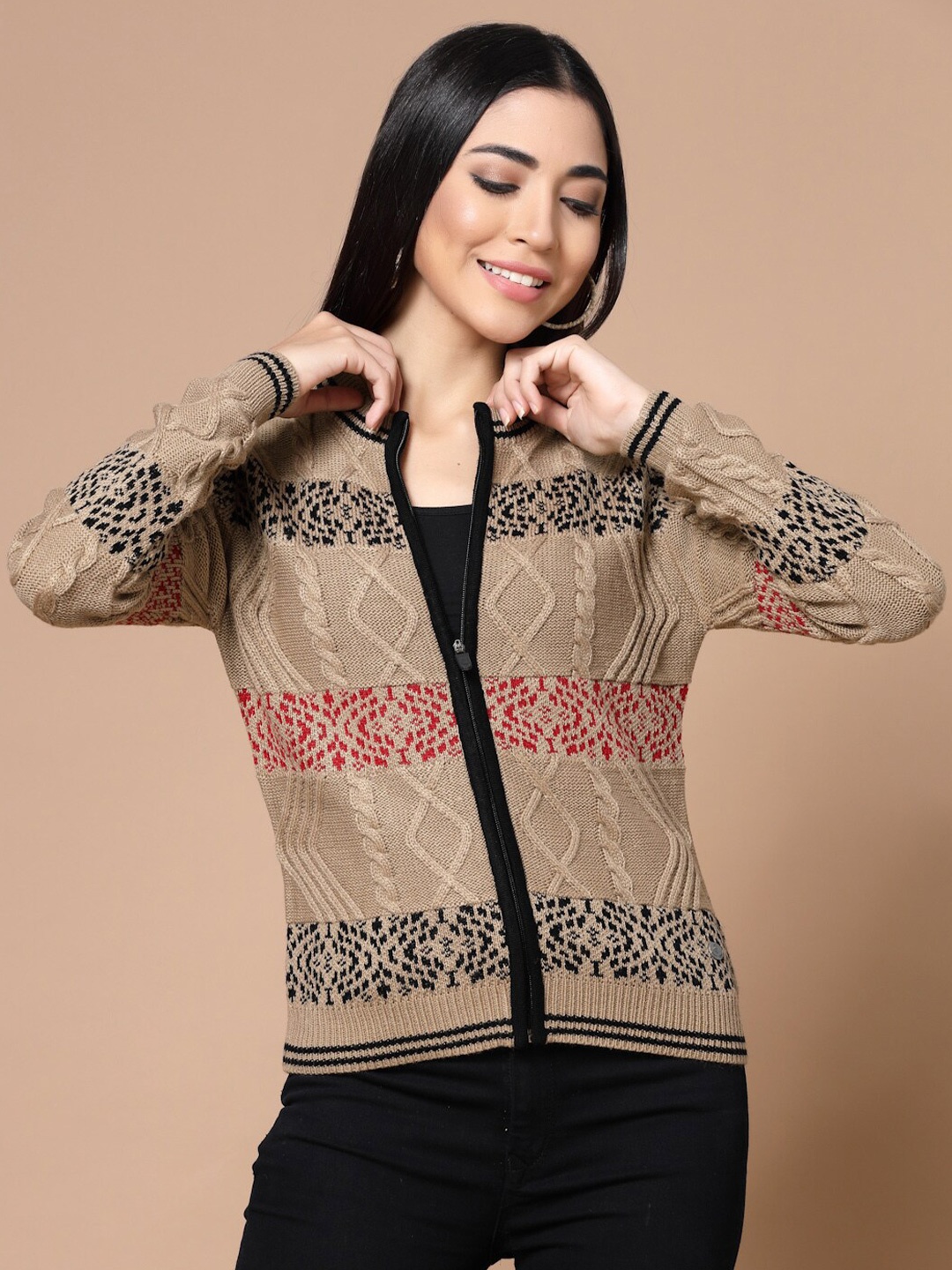 

Wool Trees Women Camel Brown & Red Cable Knit Cardigan