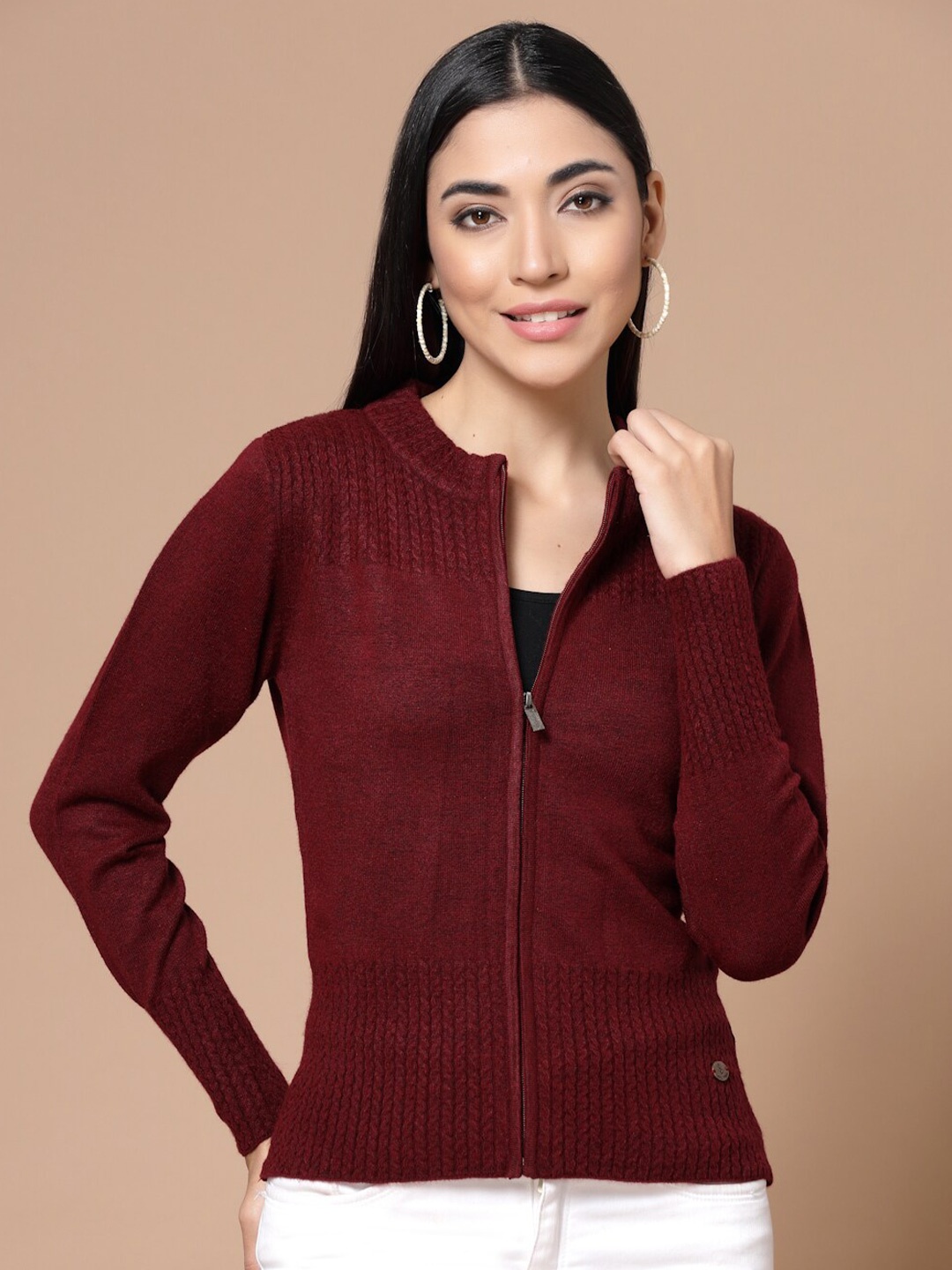 

Wool Trees Women Maroon Cable Knit Cardigan