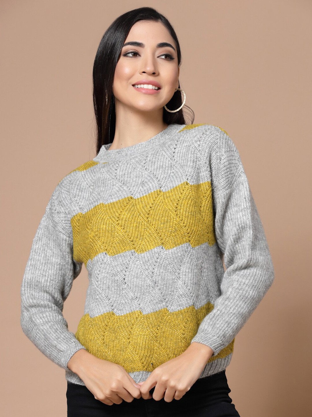 

Wool Trees Women Yellow & Grey Cable Knit Pullover