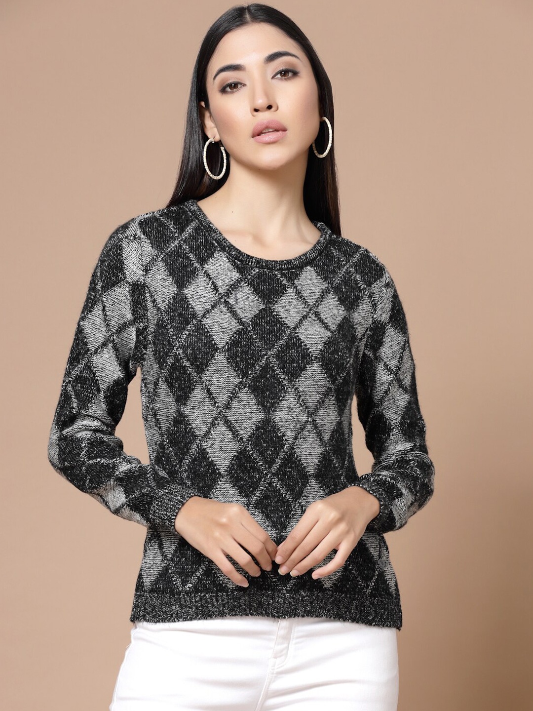 

Wool Trees Women Black & Grey Checked Checked Pullover
