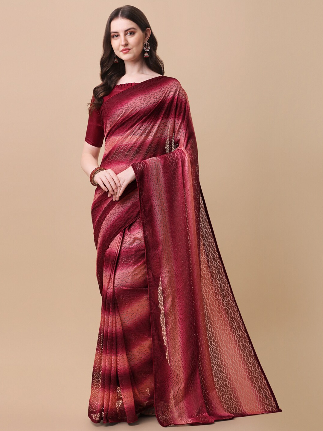 

Fab Dadu Maroon Striped Jaali Net Ready to Wear Saree