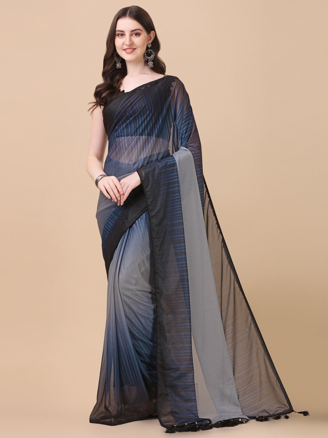 

Fab Dadu Blue & Black Striped Ready to Wear Saree