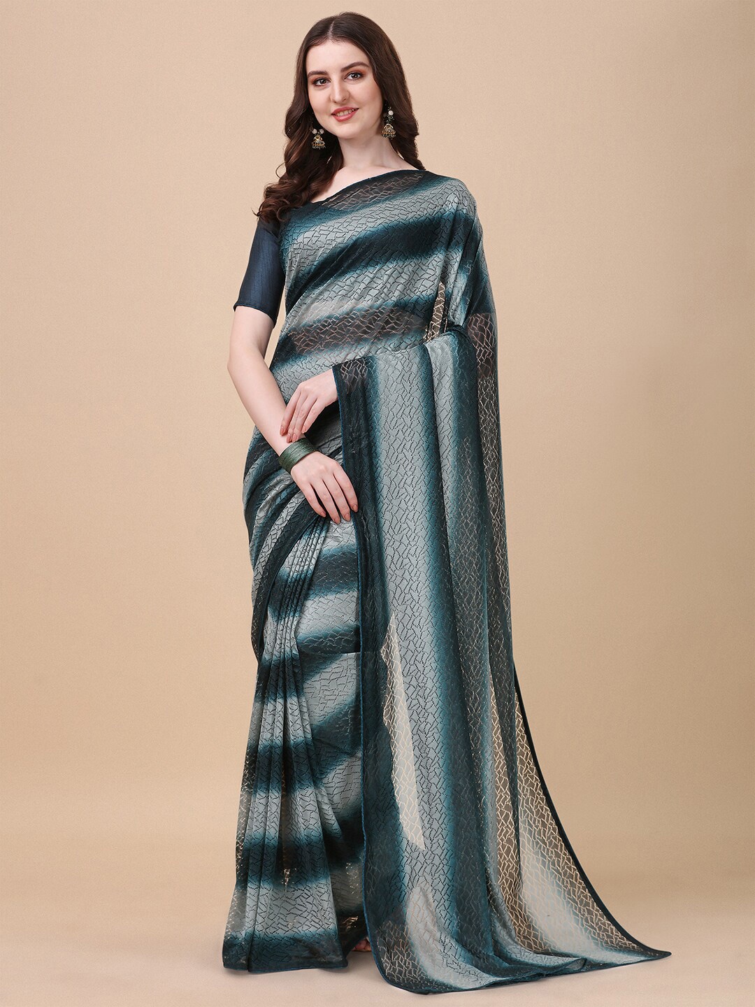 

Fab Dadu Green & Grey Striped Jaali Net Ready to Wear Saree