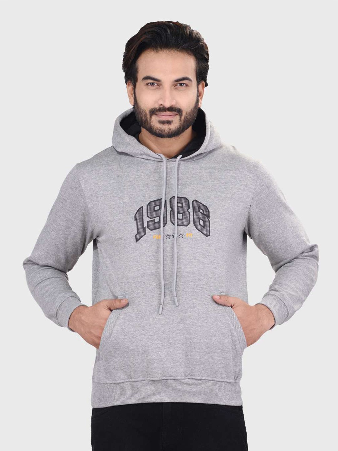 

ACTIMAXX Men Grey Melange Printed Cotton Hooded Sweatshirt
