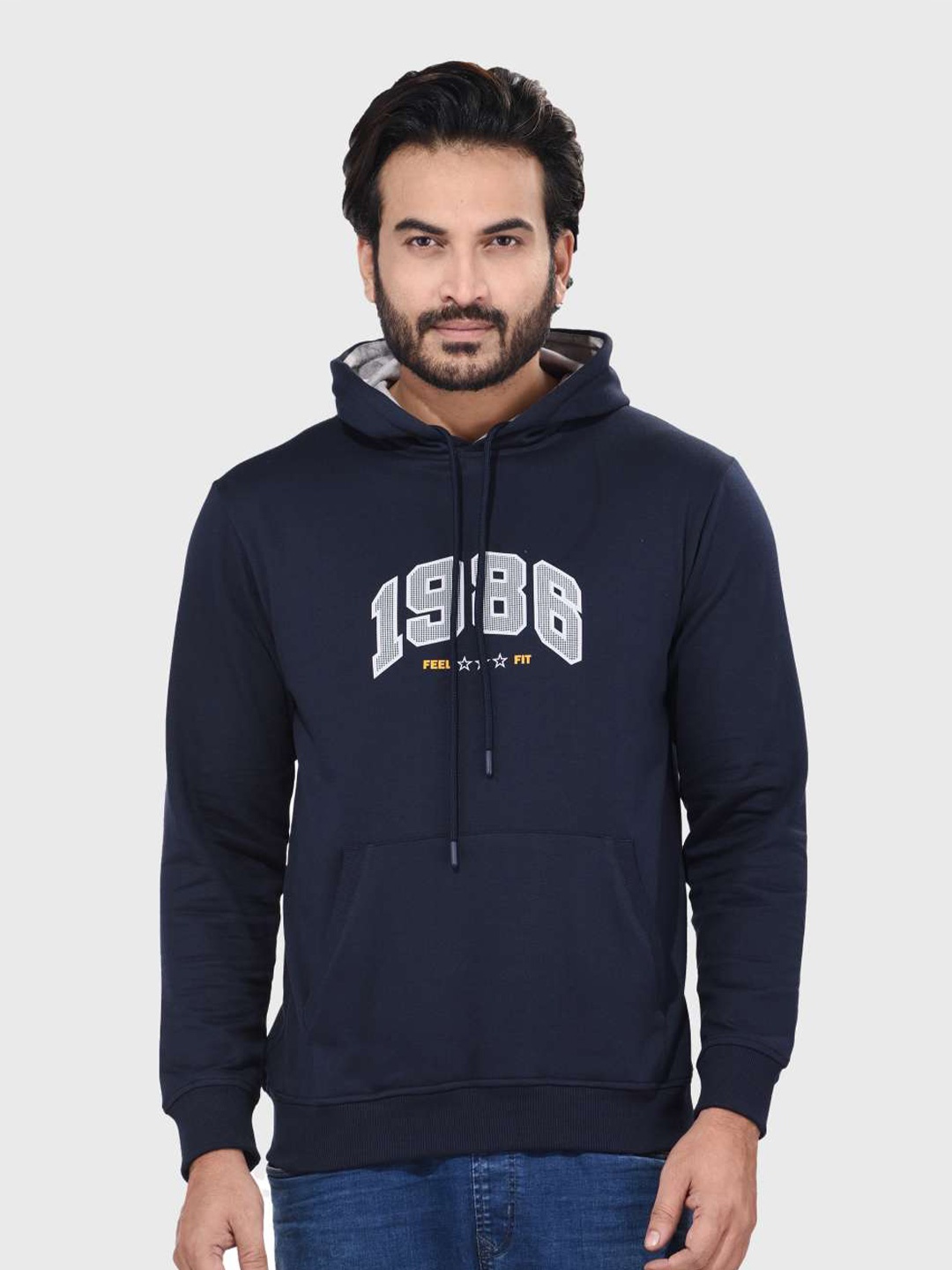 

ACTIMAXX Men Blue Printed Cotton Hooded Sweatshirt