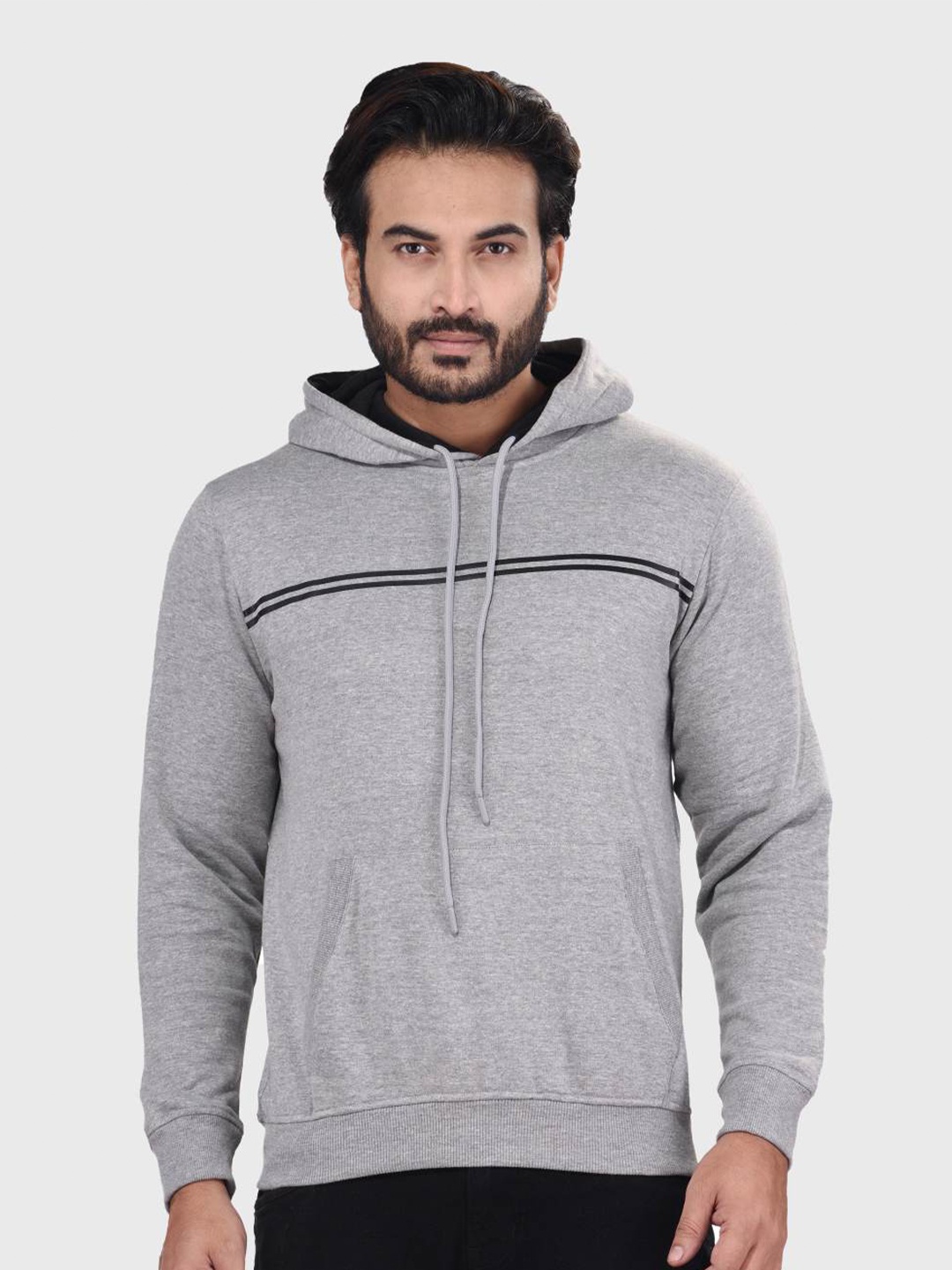 

ACTIMAXX Men Grey Striped Cotton Anti-Odour Hooded Sweatshirt