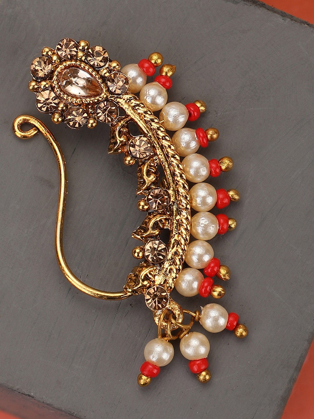 

ANIKAS CREATION Gold-Toned & White CZ-Studded Gold-Plated Vilandi Nosepin