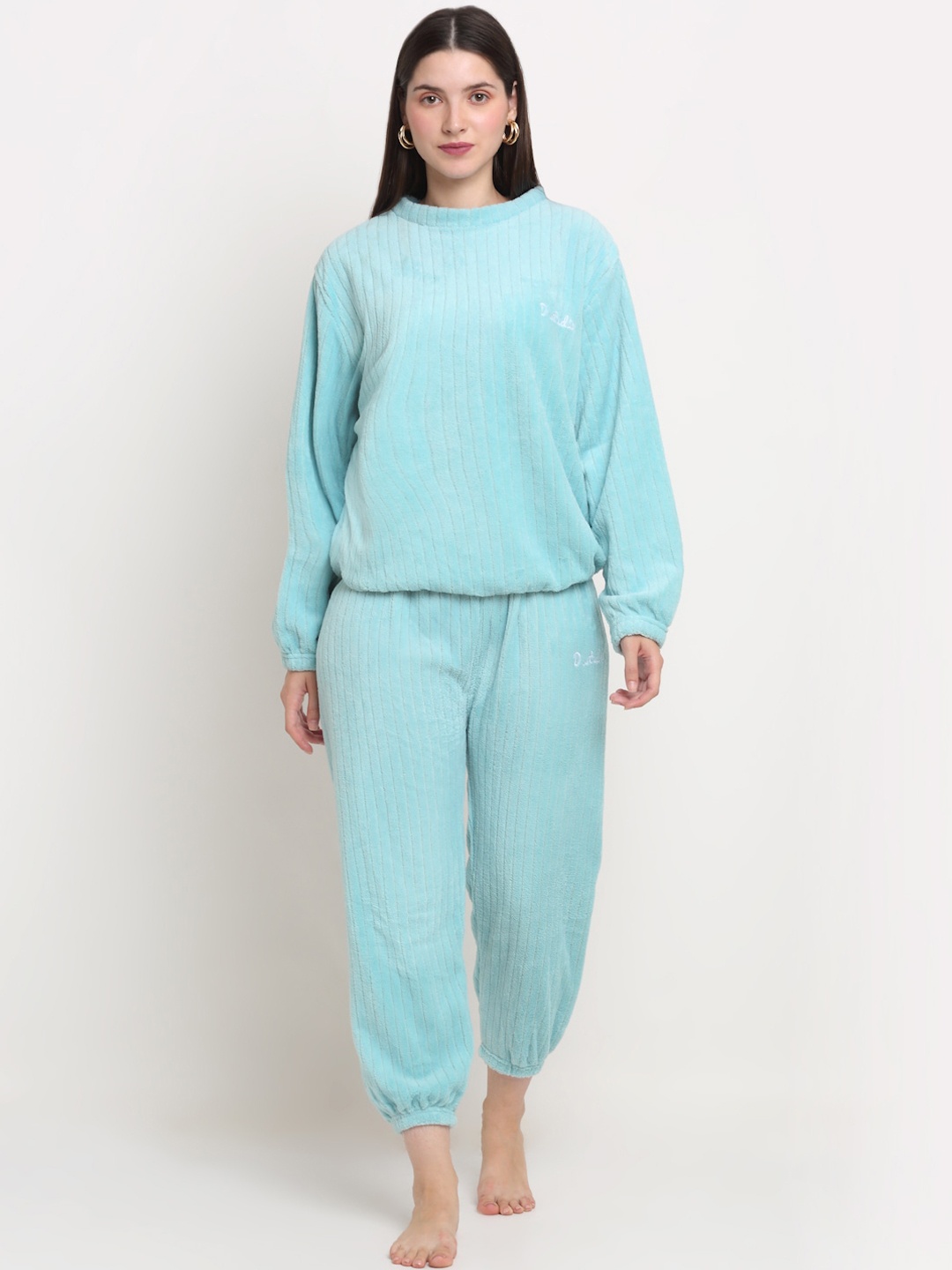 

Arrabi Women Turquoise Blue Striped Night suit