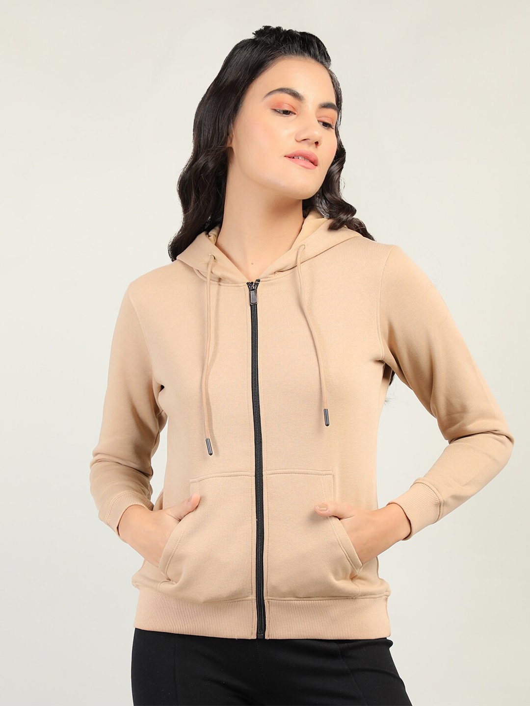 

Plagg Women Coffee Brown Solid Hooded Fleece Sweatshirt