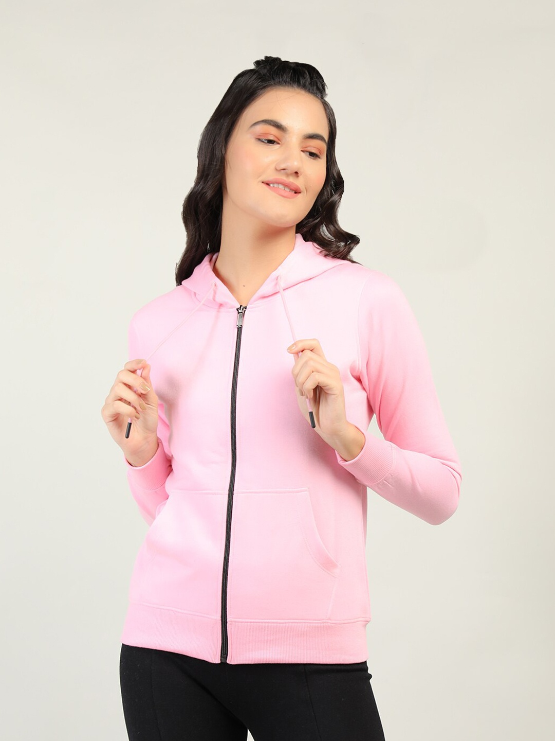 

Plagg Women Pink Solid Hooded Fleece Sweatshirt