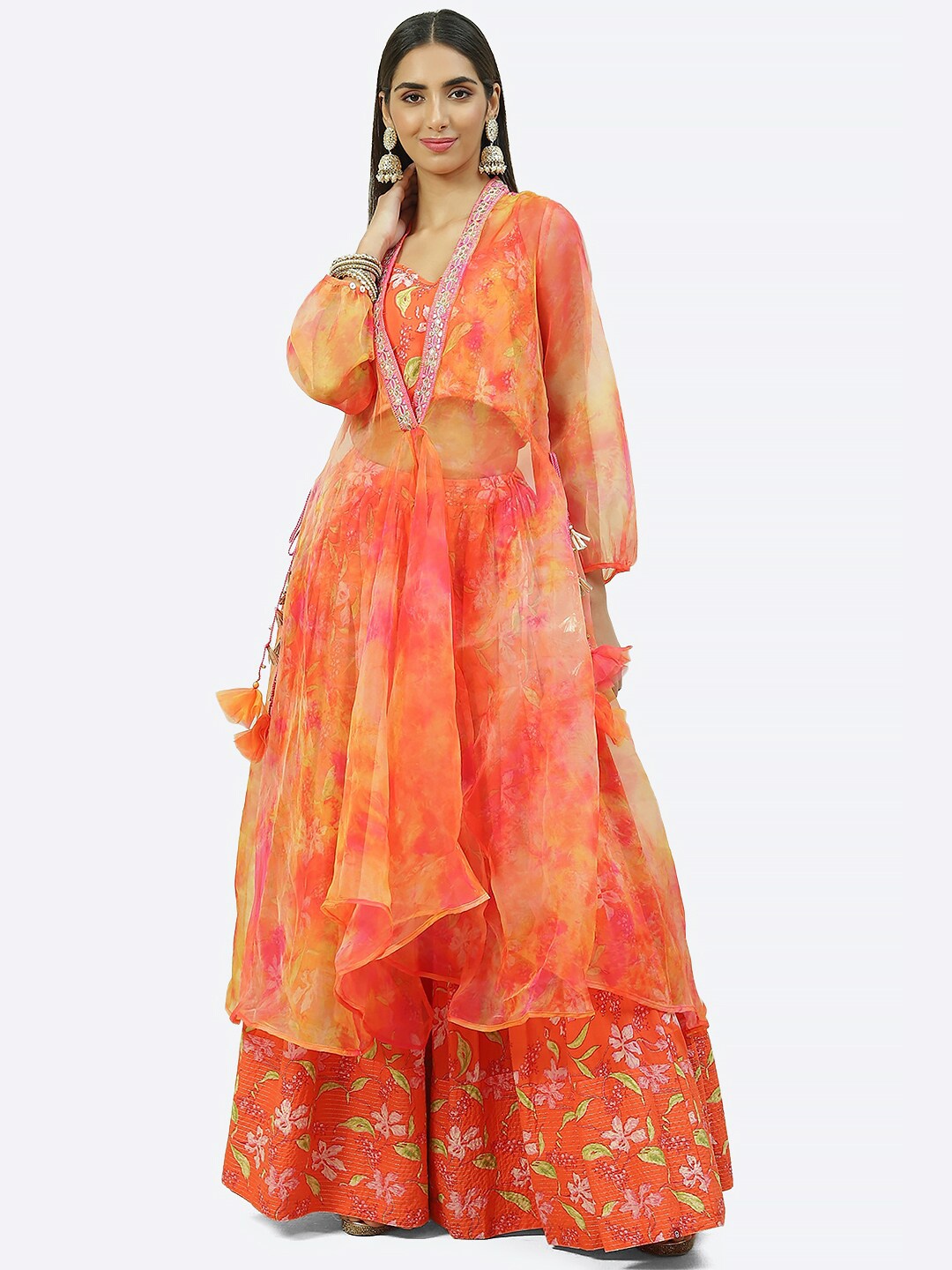 

Biba Orange & Pink Printed Ready to Wear Lehenga & Blouse With Dupatta